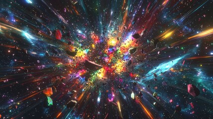 Fototapeta premium Colorful cosmic explosion with asteroids and vibrant energy in space