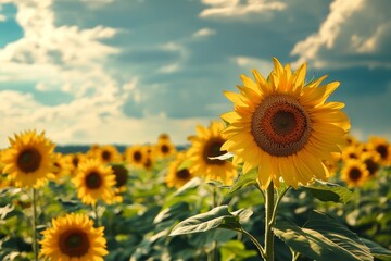 Fototapeta premium A vibrant painting of sunflowers beaming with joy standing tall in an expansive field