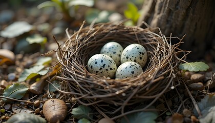 Obraz premium Close-Up of a Nest with Four Spotted Eggs in a Forest Setting