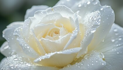A close up image of a beautiful white rose with water droplets