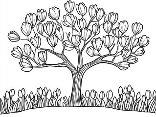 Blooming tree with tulips at its base.  Simple line drawing