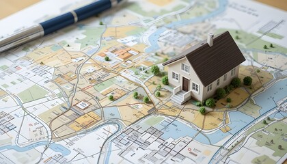 House Model on a Map Representing Real Estate and Property Planning Concepts