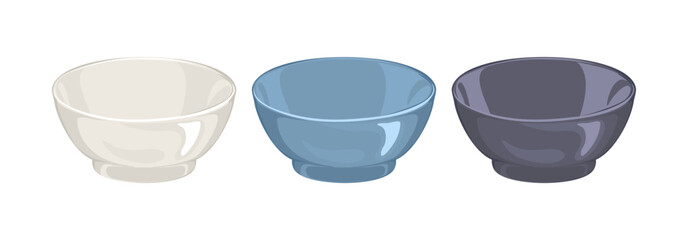 Set of empty ceramic bowls isolated on white background. Vector cartoon flat illustration. 