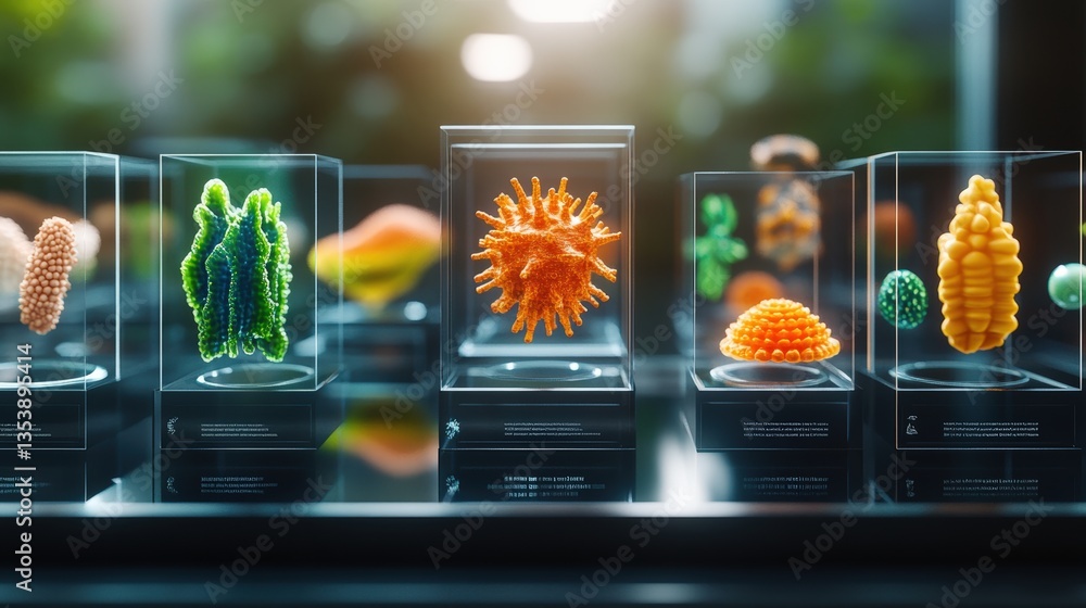 Poster vibrant three-dimensional models of various microorganisms displayed in individual settings, includi
