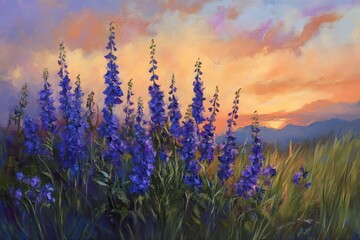 Naklejka premium Beautiful oil painting of purple delphiniums in a sunlit field with a grassy meadow