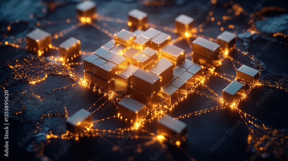 Poster glowing golden cubes interconnected with luminous lines creating a stunning visual effect on a dark 