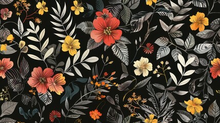 Seamless floral pattern with flowers and leaves on a black background, featuring an elegant and timeless design.

