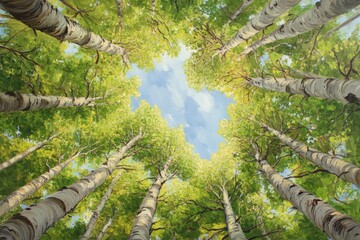 Fototapeta premium Green Birch Tree Leaves Viewed from Below in Summer