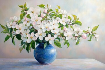 Painting of an apple blossom in full bloom in a blue vase on a table with a light background creating a bright atmosphere