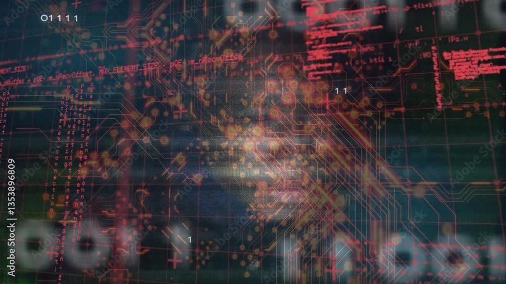 Poster digital circuit patterns and data processing animation with glowing elements