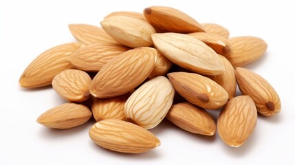 Fototapeta premium A Close-Up View of Raw Almonds with Natural Texture Displayed on a White Background, Highlighting Their Unique Shape and Subtle Color Variations for Food Photography