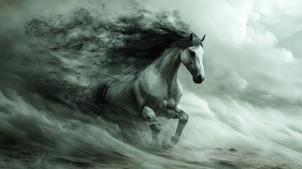 Majestic White Horse Running Through Smoky Clouds (9)