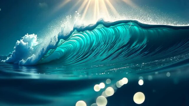 Mesmerizing teal ocean wave curls under a radiant sun, creating a breathtaking aquatic spectacle.