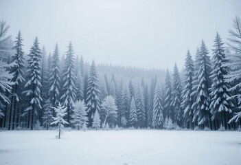 Obraz premium Winter forest shows tall evergreen trees blanketed in snow. Serene atmosphere with soft gray skies and a peaceful, untouched snowy ground