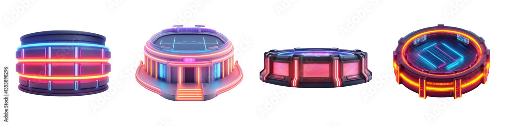 Poster a collection of abstract futuristic sci fi structures and technological objects with vibrant lightin