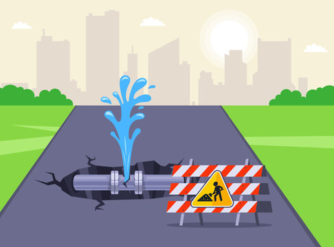 water pipe break on city road. Flat illustration
