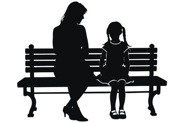 Mother daughter Sitting on Bench Silhouette Clip art