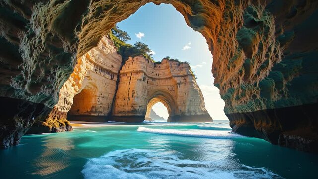 Sea cave emanates an enchanting aura, showcasing its captivating coastal gateway, electrifying turquoise waves, and awe-inspiring melding of earth and ocean