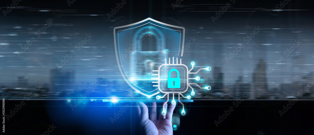 Poster Cyber ​​security and data protection, internet network security, protect business and financial transaction data from cyber attack, user private data security encryption
