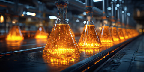 Produktionslinie mit leuchtend orangefarbenen Chemikalien in Kolbenflaschen
