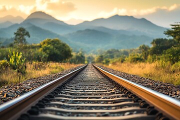 Fototapeta premium Railroad tracks leading towards mountains at sunset in nature