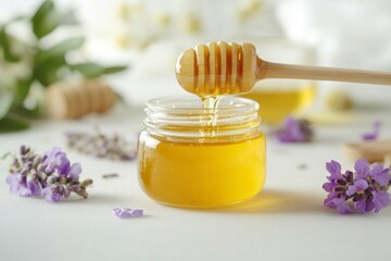 Honey Dripping From Dipper Into Jar Surrounded by Lavender Flowers