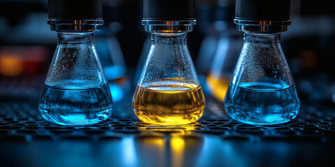 Chemielabor mit bunten Flüssigkeiten in Glasbehältern bei Neonlicht
