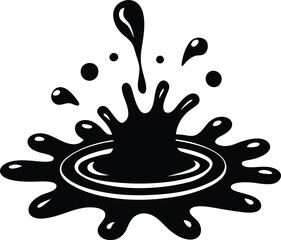 Black Silhouette Splash Droplets and Ring, Monochrome Fluid Movement on White Space