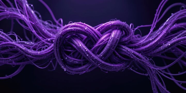 Tangled Purple Wires Forming Knot with Water Droplets on Dark Background