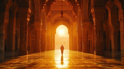 Sunrise silhouette in Moroccan mosque's grand hall