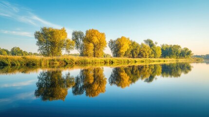 Serene river landscape with mirrored trees and clear blue sky reflection