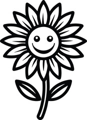 Black Outline Sunflower with Happy Face, Smiling Flower Icon Isolated on White Background