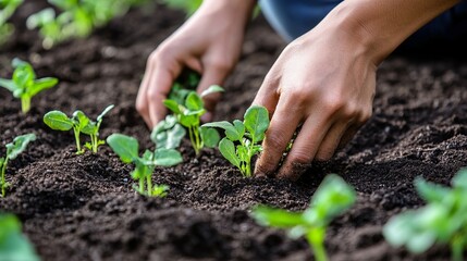 Hands Planting Seedlings in Garden Soil – A Touch of Nature's Growth