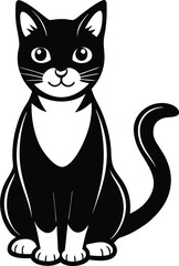Obraz premium Cartoonish Tuxedo Cat Sitting Upright, Bold Black and White Design, Isolated on White