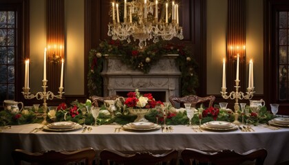 Elegant dining room with a decorated table, lit candles, chandelier, and a snowy view outside the windows
