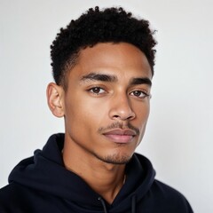 Obraz premium Portrait of a Young Black Man in a Black Hoodie Against a Light Wall