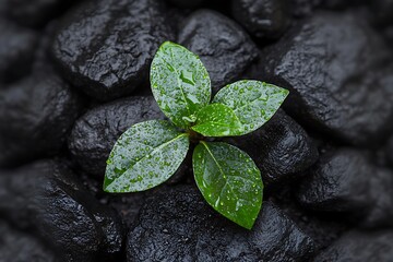 Fresh sprout emerging from dark stones.