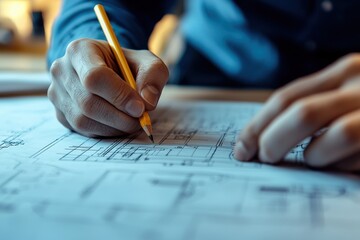a person's hand is carefully drawing with pencil on architectural blueprint. The image evokes a sense of creativity and precision