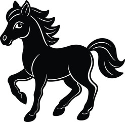 Cartoon Black Horse Running Silhouette, Stylized Mane and Tail, White Background