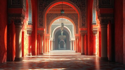 Sunlit Moroccan Palace Corridor, Archways, Intricate Design