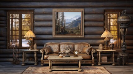 Cozy and inviting atmosphere in a rustic living room with warm lighting, a leather chesterfield sofa, armchairs, and a wooden coffee table