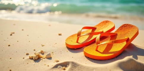Colorful orange flip flops scattered on a sandy beach , summer, footwear