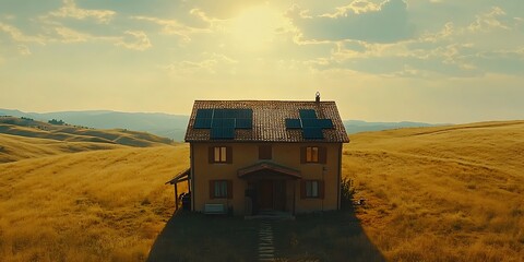 A solitary house with solar panels in a rural open landscape