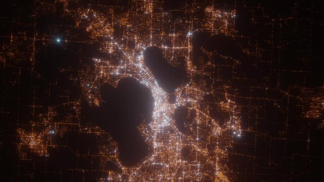 Madison (Wisconsin, USA) aerial view at night. Top view on modern city with street lights. Camera is zooming out, rotating clockwise. Vertical video. The north is on the left side