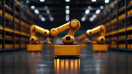 Three yellow robotic arms working efficiently in a dark warehouse, automating tasks among stacked containers in a futuristic industrial setting.