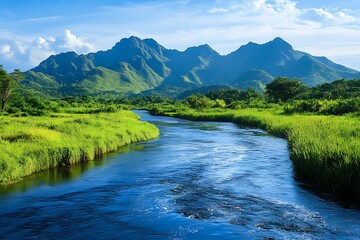 Fototapeta premium Breathtaking river flowing through lush green vegetation and majestic mountains in fiji