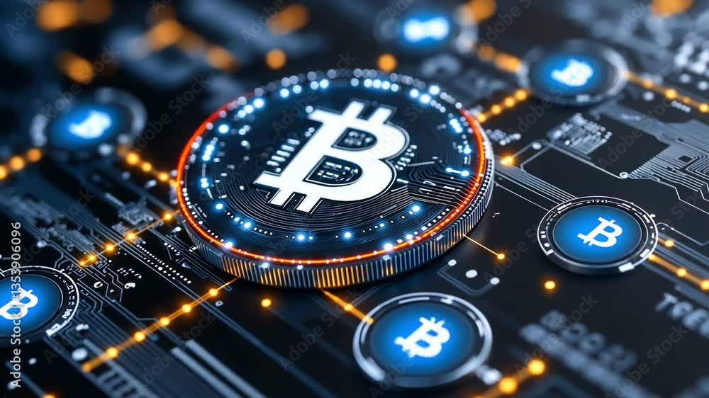 Poster exploring digital currency technology bitcoin and cryptocurrency on circuit board network for financ