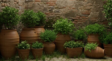 Fototapeta premium Mediterranean Herb Garden in Rustic Terracotta Pots Against Ancient Brick Wall