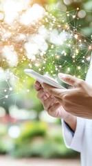 Person Using Smartphone with Network Connection Graphic Overlay