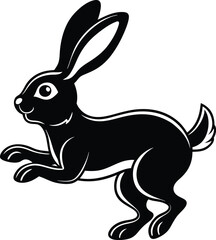 Silhouette of a Black Rabbit Leaping with Long Ears and Curled Tail on White Background